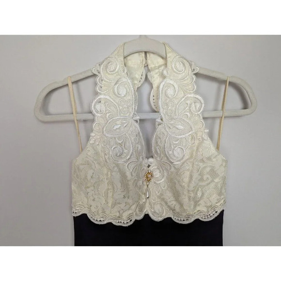 Vintage 80s Scott McClintock 4 Floral Lace Ivory Black Sleeveless Formal Dress - Picture 3 of 13